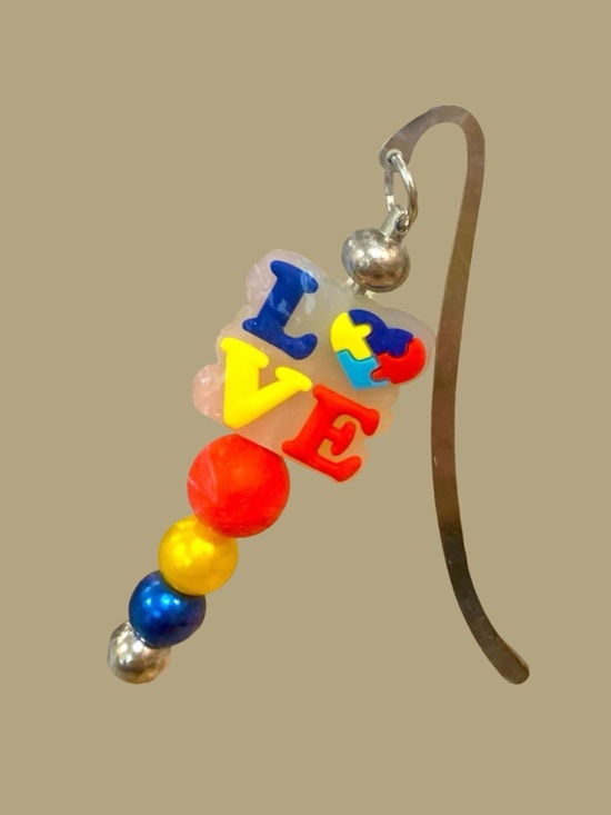 Alaska Wild Rose Designs Other - Autism Beaded Bookmark with 'LOVE' Puzzle Focal Bead and colorful beads